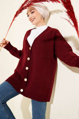 Düğmeli Basic Yumoş Triko Hırka Bordo - NESSİA