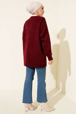 Düğmeli Basic Yumoş Triko Hırka Bordo - Hırka