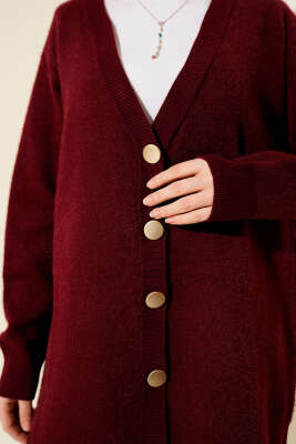 Düğmeli Basic Yumoş Triko Hırka Bordo - Hırka