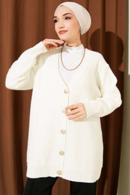 Düğmeli Basic Yumoş Triko Hırka Ekru - NESSİA