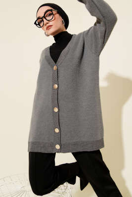 Düğmeli Basic Yumoş Triko Hırka Gri - NESSİA