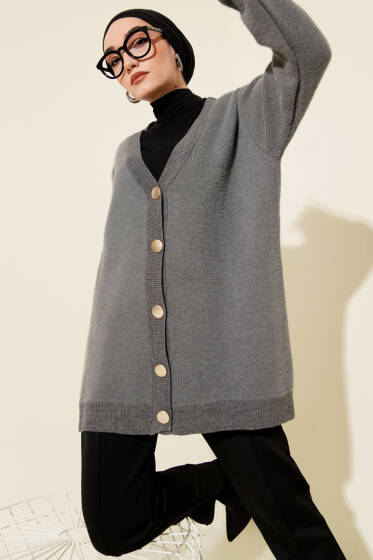 Düğmeli Basic Yumoş Triko Hırka Gri - Hırka