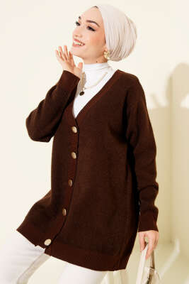 Düğmeli Basic Yumoş Triko Hırka Kahve - NESSİA