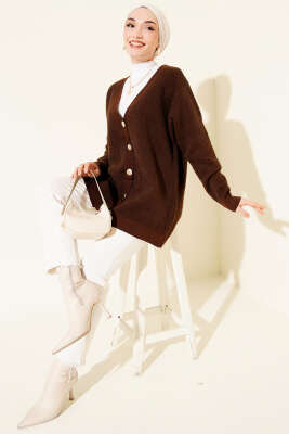 Düğmeli Basic Yumoş Triko Hırka Kahve - Hırka