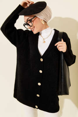 Düğmeli Basic Yumoş Triko Hırka Siyah - NESSİA