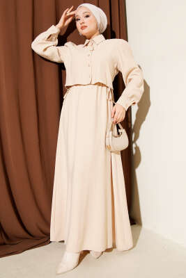 Düğmeli Bel Tünelli Tensel Jile Takım Bej 
