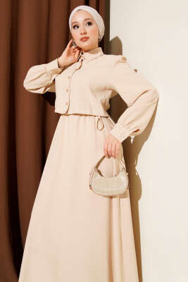 Düğmeli Bel Tünelli Tensel Jile Takım Bej - İkili Takım