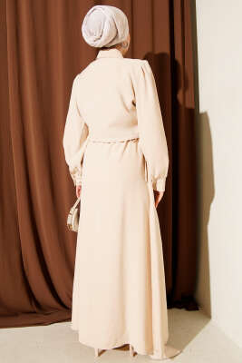 Düğmeli Bel Tünelli Tensel Jile Takım Bej - İkili Takım