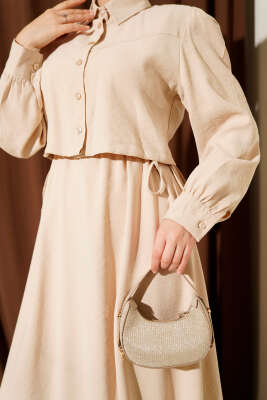 Düğmeli Bel Tünelli Tensel Jile Takım Bej - İkili Takım