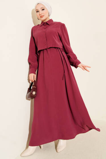 Düğmeli Bel Tünelli Tensel Jile Takım Gül Kurusu - İkili Takım