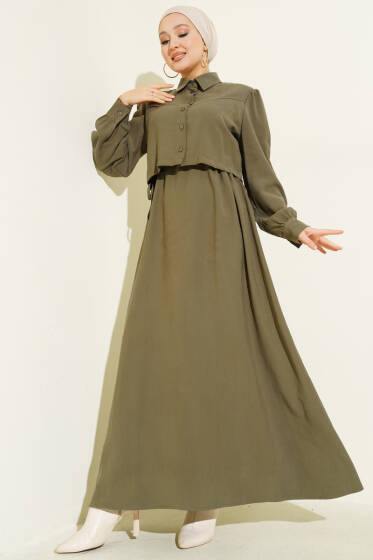 Düğmeli Bel Tünelli Tensel Jile Takım Haki - İkili Takım