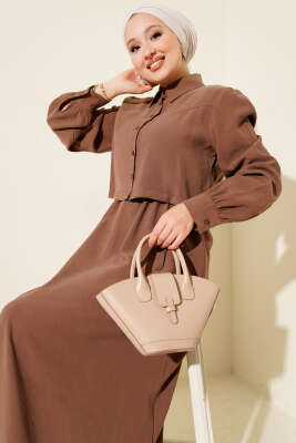 Düğmeli Bel Tünelli Tensel Jile Takım Kahve - İkili Takım