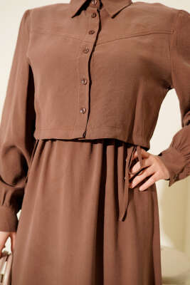 Düğmeli Bel Tünelli Tensel Jile Takım Kahve - İkili Takım