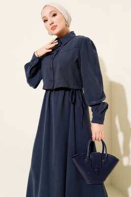 Düğmeli Bel Tünelli Tensel Jile Takım Lacivert - İkili Takım