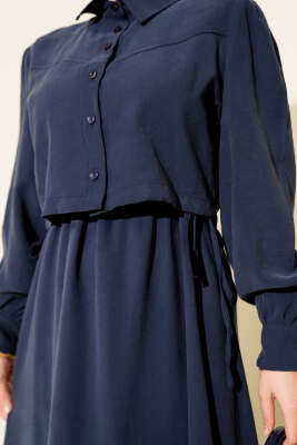 Düğmeli Bel Tünelli Tensel Jile Takım Lacivert - İkili Takım