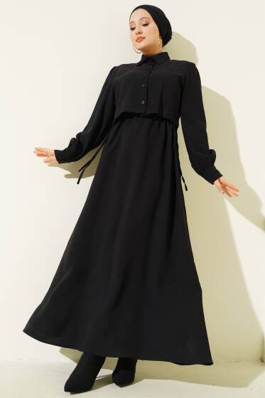 Düğmeli Bel Tünelli Tensel Jile Takım Siyah - İkili Takım