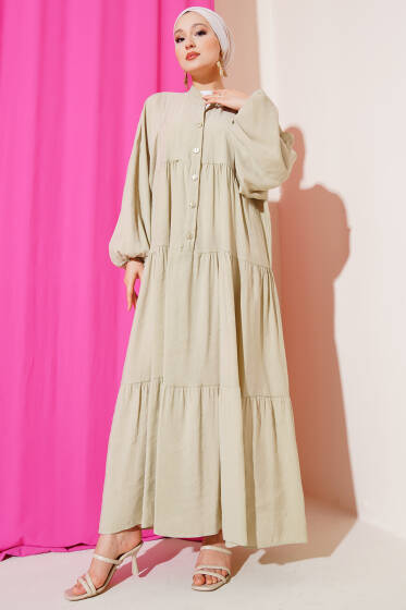 Düğmeli Bilek Lastikli Elbise Çağla Yeşili - Elbise