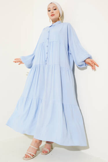 Düğmeli Bilek Lastikli Elbise Mavi - Elbise