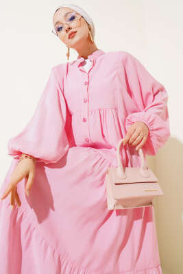 Düğmeli Bilek Lastikli Elbise Pembe - 700-1000 TL Ürünler