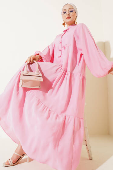 Düğmeli Bilek Lastikli Elbise Pembe - Elbise