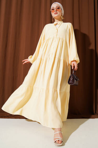 Düğmeli Bilek Lastikli Elbise Sarı - Elbise