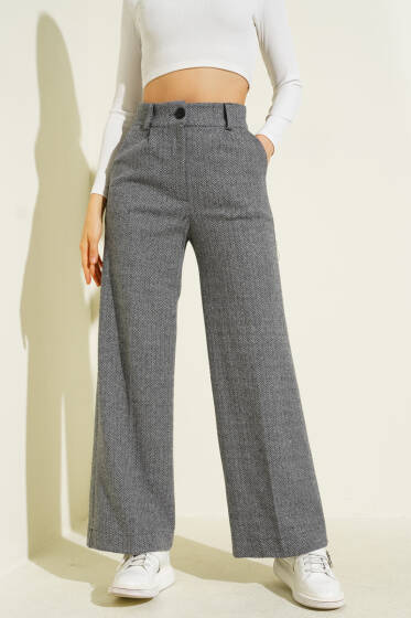 Düğmeli Bol Paça Kaşe Pantolon Gri - Kadın Giyim Modelleri