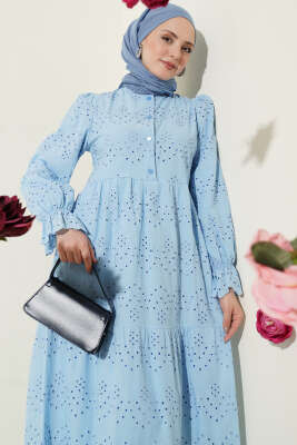 Düğmeli Brode Bilek Lastikli Elbise Mavi - Elbise