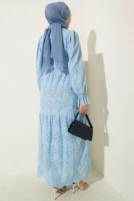 Düğmeli Brode Bilek Lastikli Elbise Mavi - Elbise