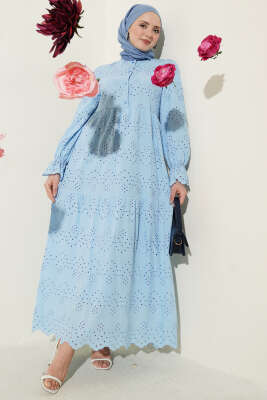 Düğmeli Brode Bilek Lastikli Elbise Mavi - AFRA