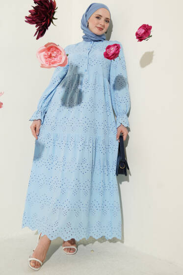 Düğmeli Brode Bilek Lastikli Elbise Mavi - Elbise