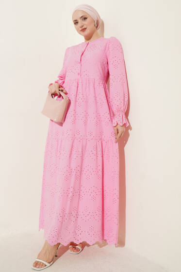 Düğmeli Brode Bilek Lastikli Elbise Pembe - Elbise