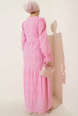 Düğmeli Brode Bilek Lastikli Elbise Pembe - Elbise