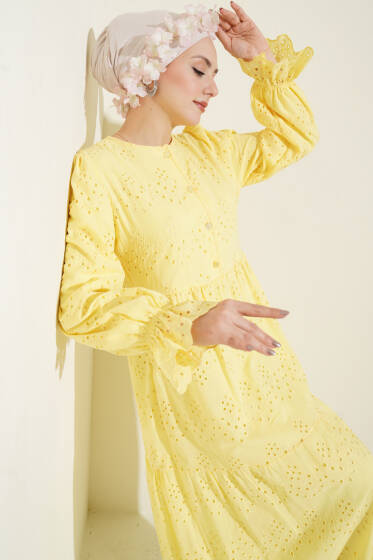 Düğmeli Brode Bilek Lastikli Elbise Sarı - Elbise