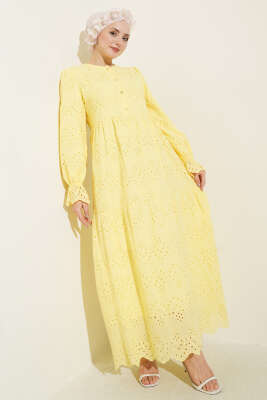 Düğmeli Brode Bilek Lastikli Elbise Sarı - Elbise