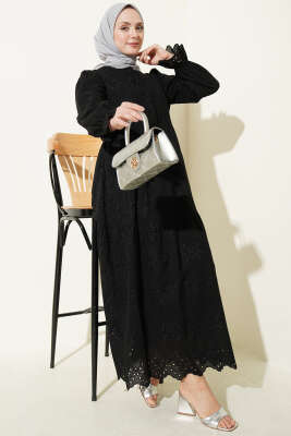 Düğmeli Brode Bilek Lastikli Elbise Siyah - AFRA