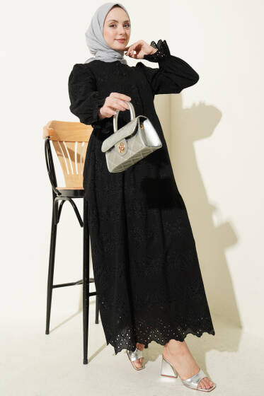 Düğmeli Brode Bilek Lastikli Elbise Siyah - Elbise