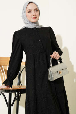 Düğmeli Brode Bilek Lastikli Elbise Siyah - Elbise