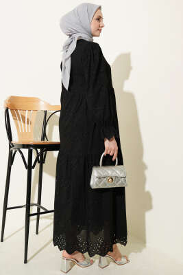 Düğmeli Brode Bilek Lastikli Elbise Siyah - Elbise