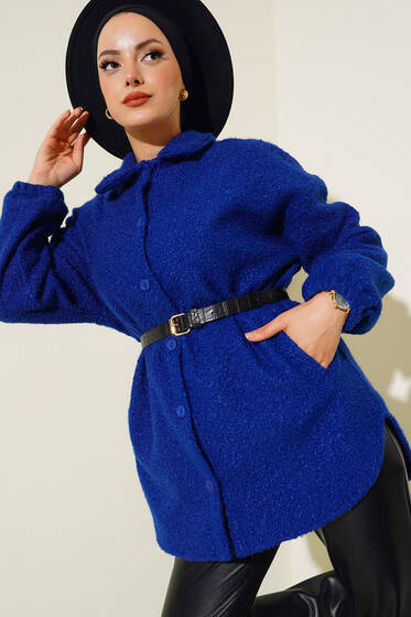 Düğmeli Bukle Ceket Saks - Ceket