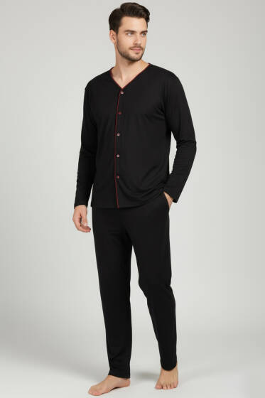 Düğmeli Büyük Beden İnterlok Erkek Pijama Takım Siyah - Pijama