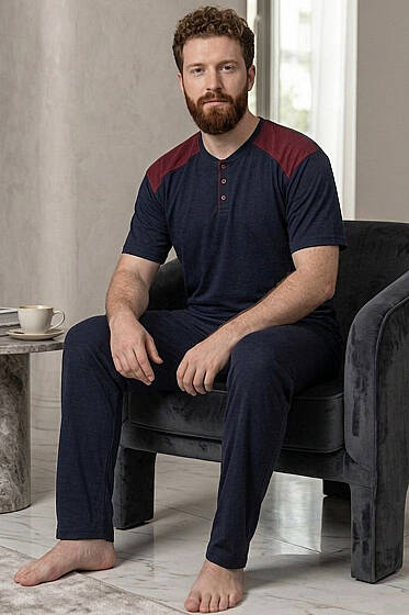 Düğmeli Büyük Beden Kısa Kol Erkek Pijama Takım Lacivert Bordo - Pijama