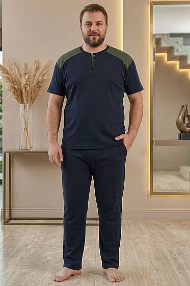 Düğmeli Büyük Beden Kısa Kol Erkek Pijama Takım Lacivert Yeşil - Pijama