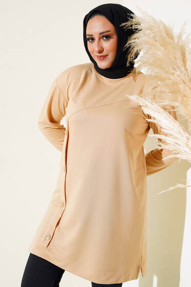 Düğmeli Büyük Beden Tunik Bej - Tunik