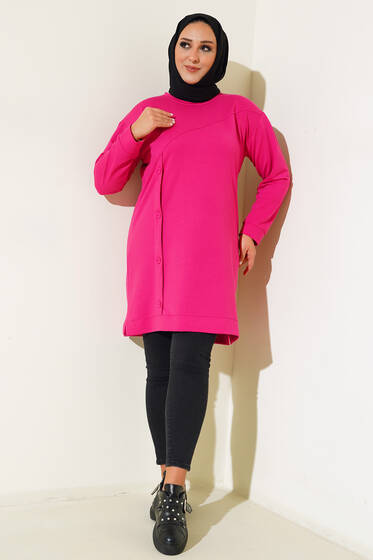 Düğmeli Büyük Beden Tunik Fuşya - Tunik