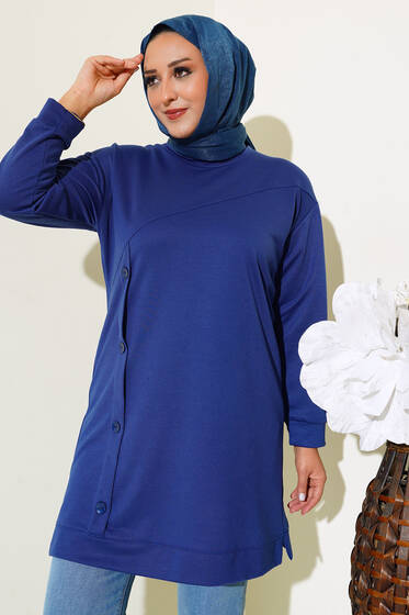 Düğmeli Büyük Beden Tunik İndigo - Tunik
