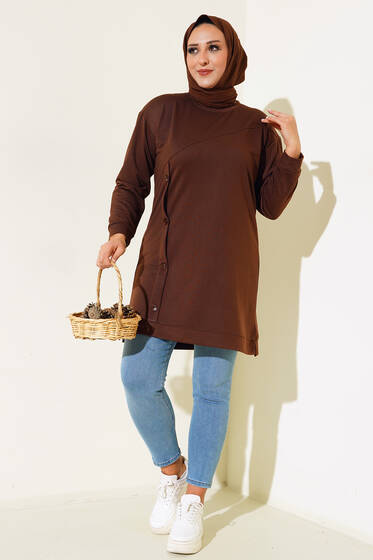 Düğmeli Büyük Beden Tunik Kahve - Tunik