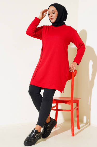 Düğmeli Büyük Beden Tunik Kırmızı - Tunik