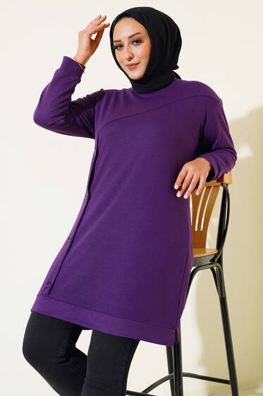 Düğmeli Büyük Beden Tunik Mor - Tunik