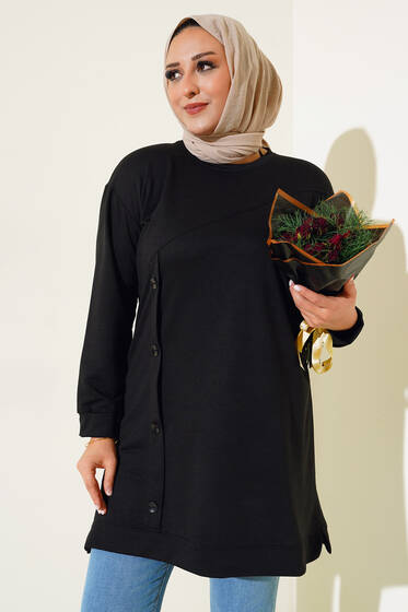 Düğmeli Büyük Beden Tunik Siyah - Tunik