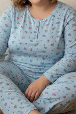 Düğmeli Büyük Beden Viscon Pijama Takımı Bebe Mavi - Pijama